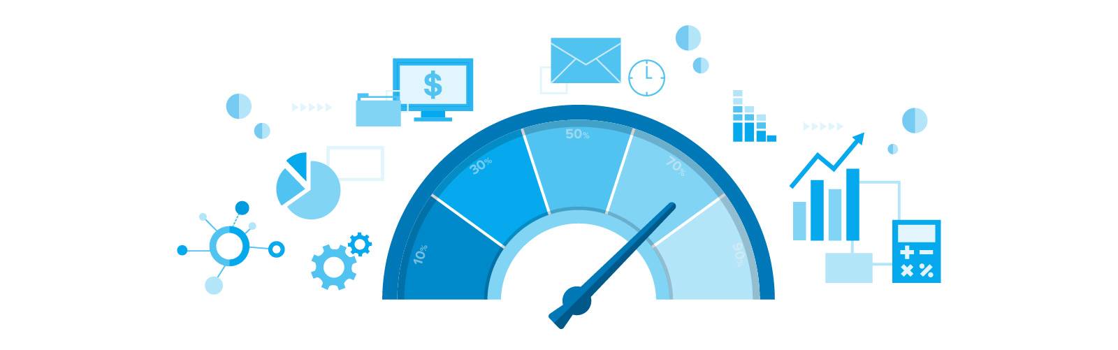 Illustration of a performance gauge with business and data icons representing progress