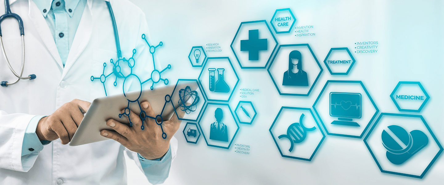 Doctor using a tablet with digital healthcare icons, representing innovation and treatment.