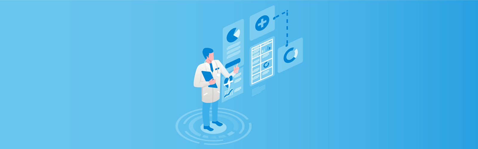 Illustration of a doctor interacting with digital healthcare data and analytics.
