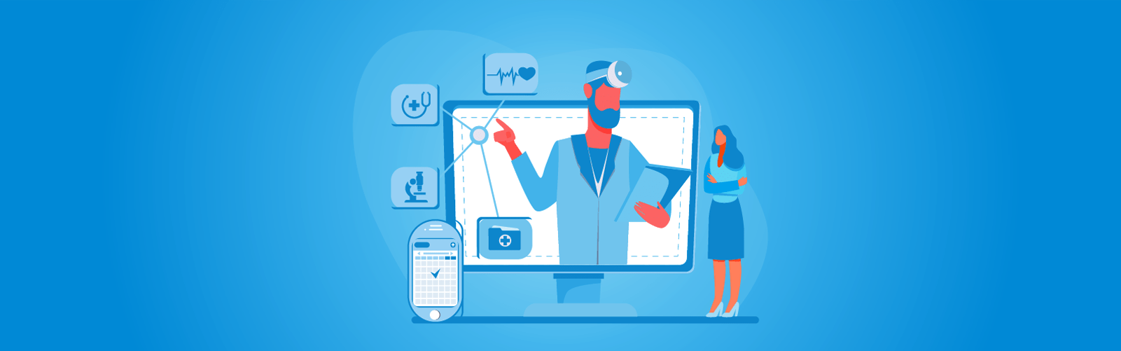 Illustration of a doctor using digital health tools, with icons representing healthcare data.