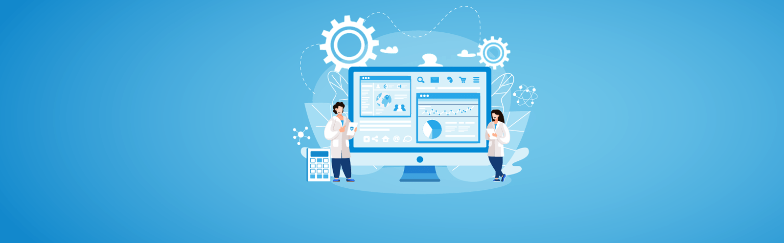 Digital illustration of healthcare professionals managing data and analytics on a computer screen.