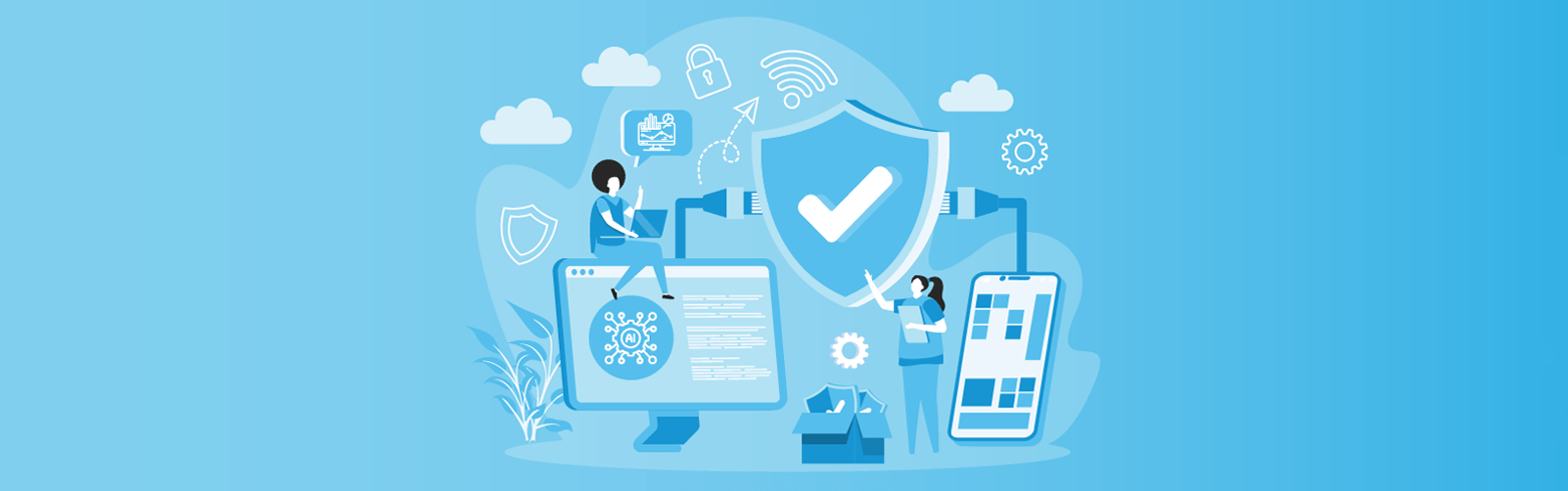 Digital illustration representing cybersecurity, with shield icons, AI, and data protection.