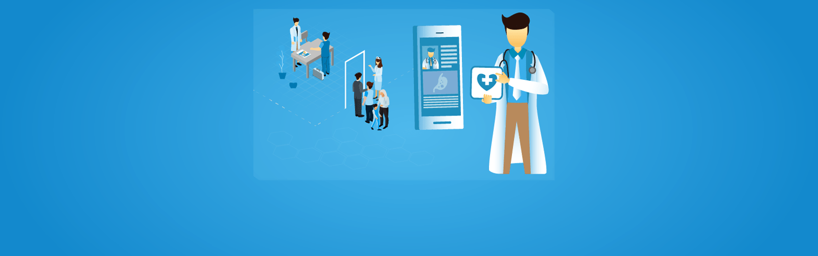 Illustration of a doctor using CareCloud technology to manage patient care and health data.
