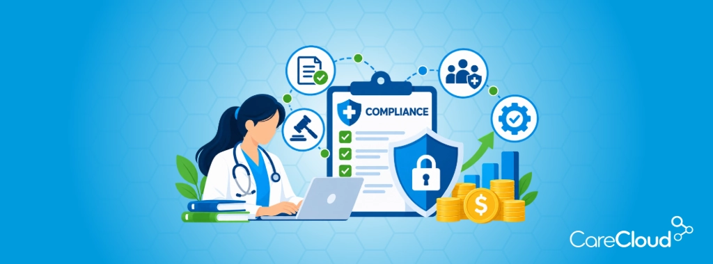 Healthcare compliance illustration showing revenue protection and data security.