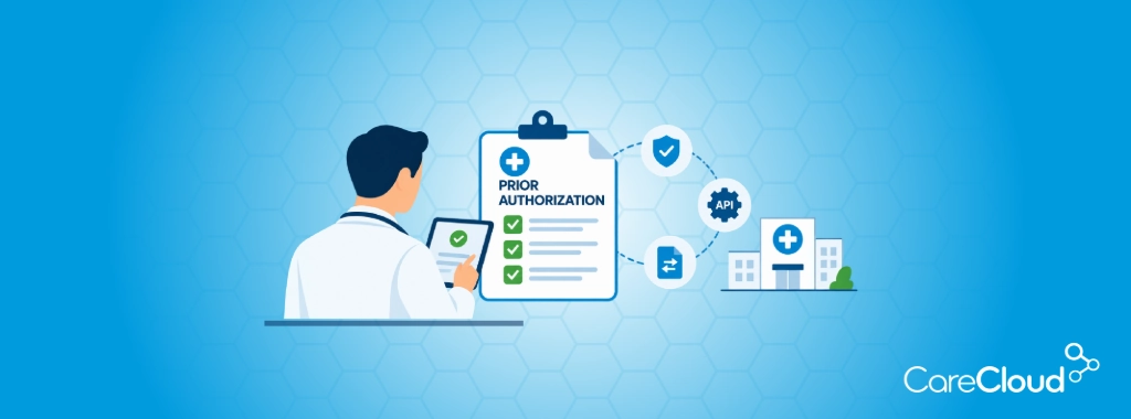 Physician using a tablet with a digital prior authorization workflow on screen in a modern medical office, with CMS 2026 timeline graphic overlaid