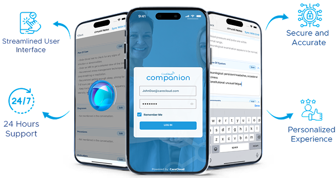 CareCloud Companion app showcasing secure login, 24/7 support, and personalized user experience.