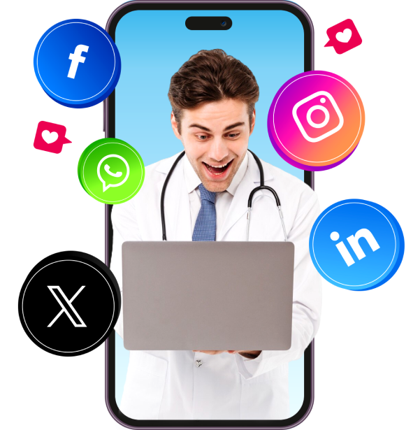 Doctor engaging with social media platforms on a laptop, promoting CareCloud's services.