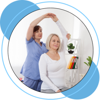 A healthcare professional assists a patient with a shoulder stretch or therapy exercise.
