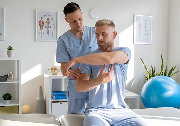 Physical therapist assisting patient with arm mobility exercises in a therapy session.