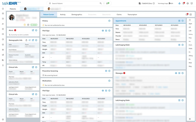 An EHR interface displaying patient details, including vitals, appointments, and messages